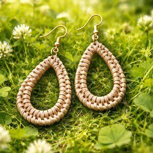 Bamboo Woven Oval Shaped Tan Colored Earrings - New